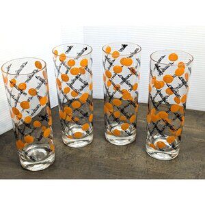Vtg. Set Of 4 Screwdriver Highball Glasses Bar 7" Tall Orange & Black Screen Pri